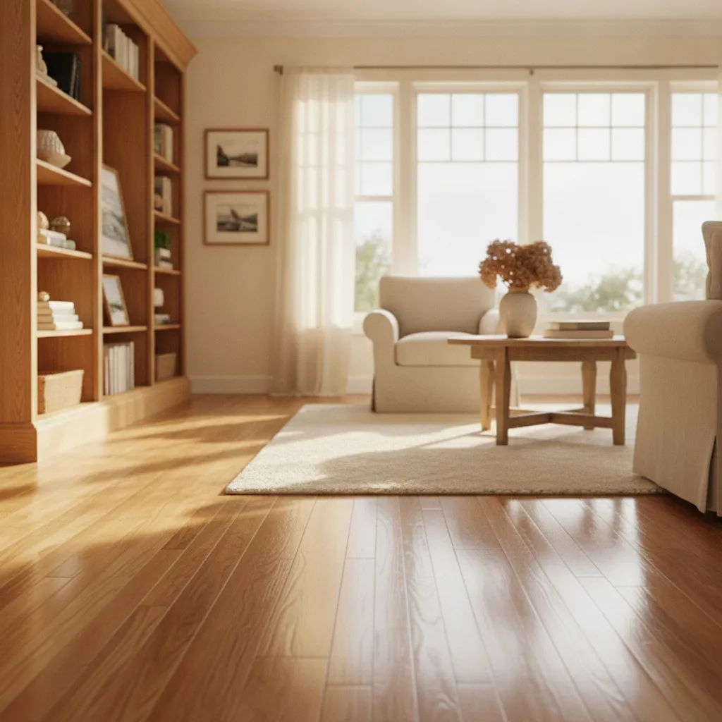 Freshly refinished hardwood floor curing in a bright room
