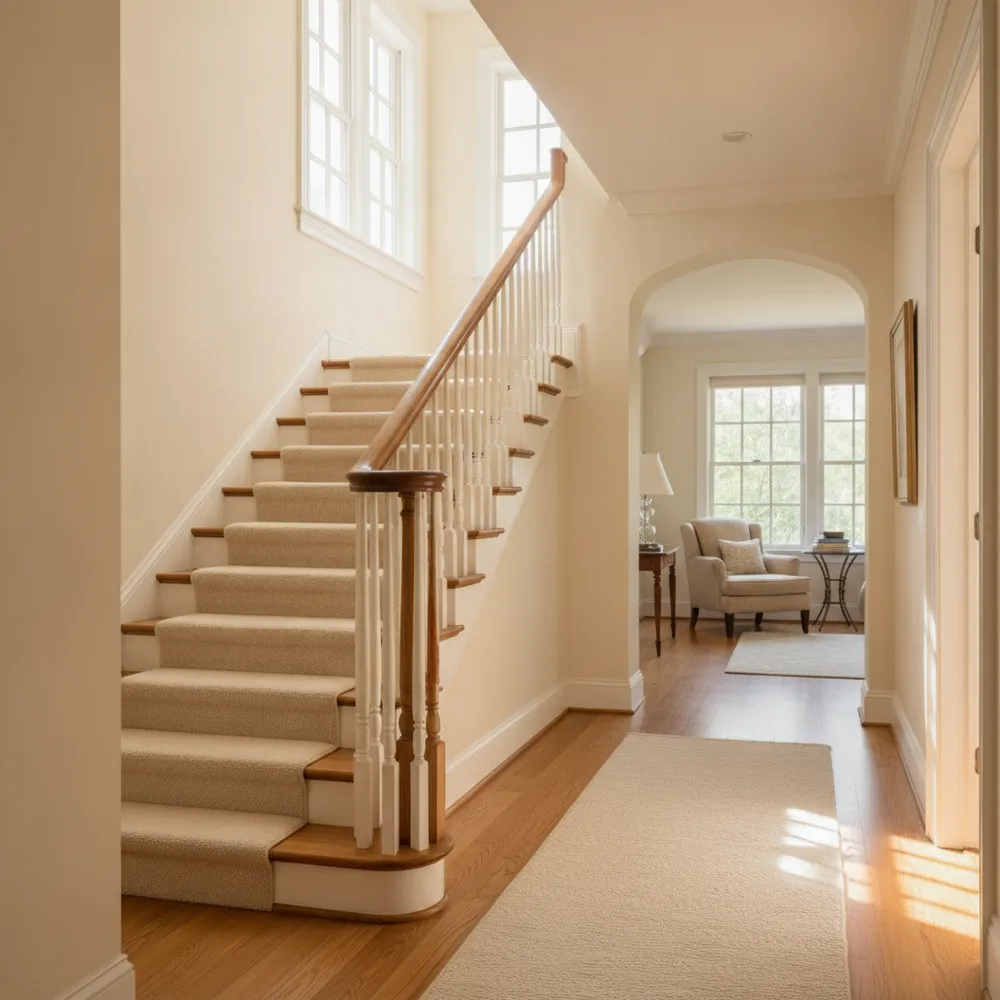 Original hardwood floor and staircase in a historic Plymouth home