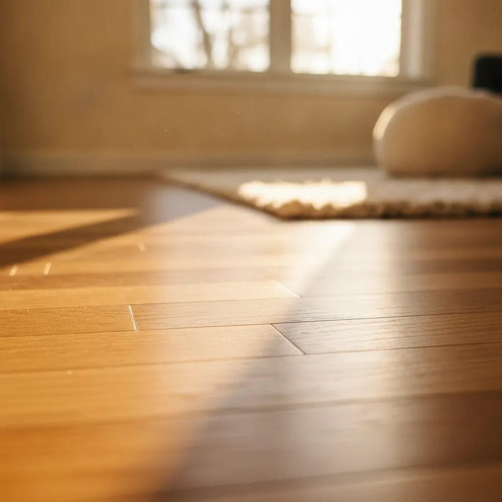 Water-damaged hardwood floor showing cupping and staining
